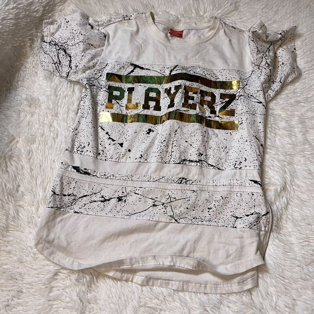 Mens VICTORIOUS Extended Shirt White Marble PLAYERZ in Gold FOIL w/ ZIPS Medium